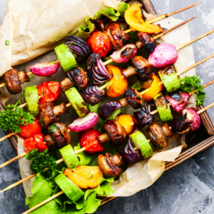 Gluten-free pork and vegetable skewers