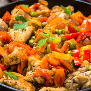 Chicken and vegetable stir-fry with rice noodles